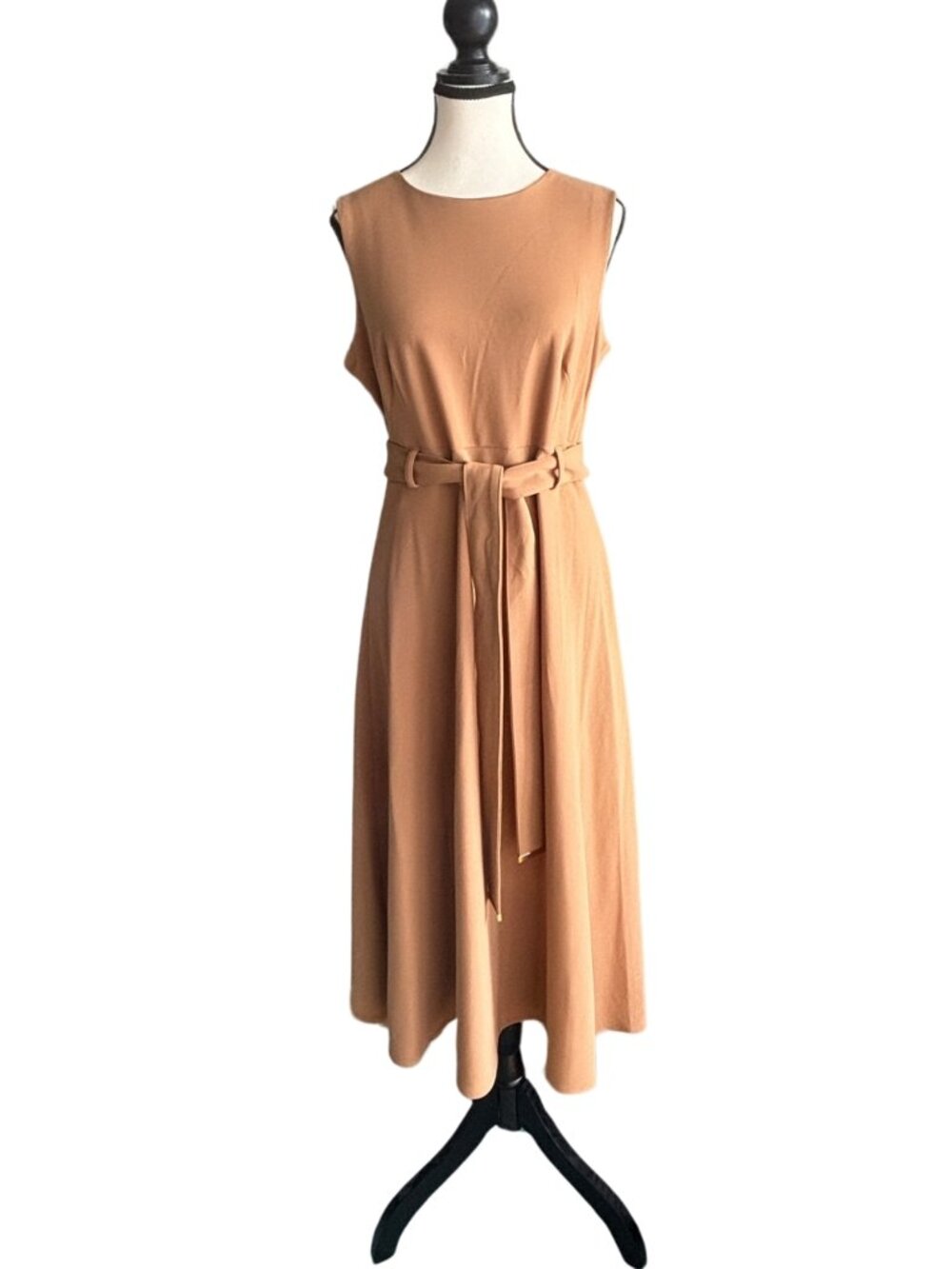 CALVIN KLEIN CAMEL COLOR A-LINE BELTED DRESS, SZ. 10